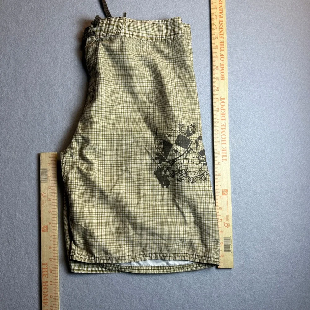 Rusty Mens‎ Plaid Board Shorts Tan White Graphic Crest Cargo Pocket Size 34